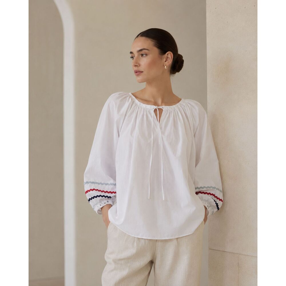 Ann Mashburn Cotton Peasant Top Womens M White Embroidered Boho Blouse